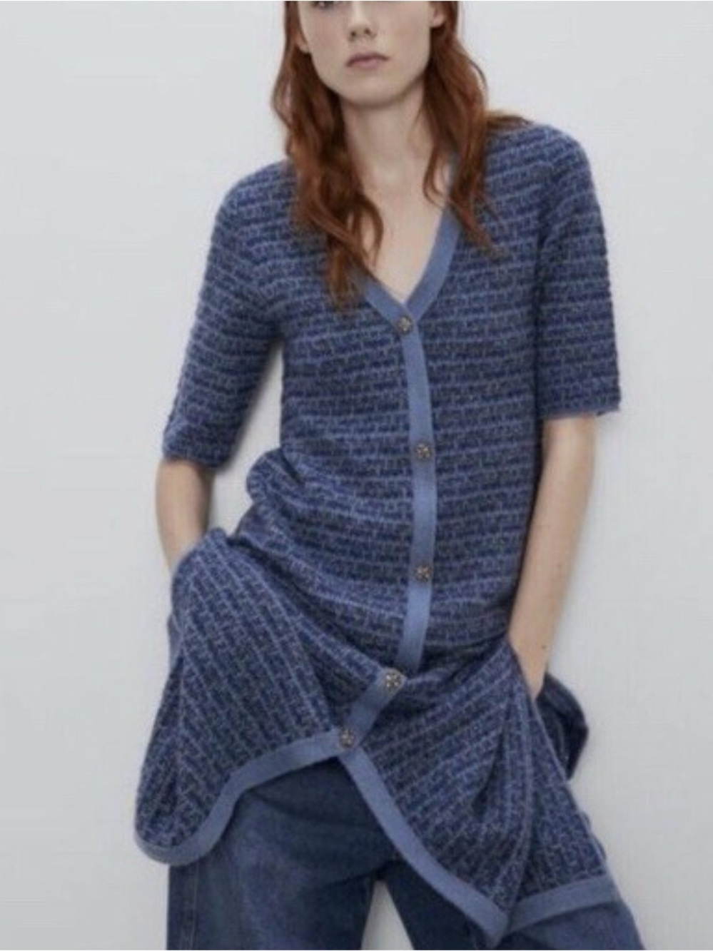 New Zara KNIT DRESS WITH METALLIC THREAD Tweed Stretchy Jeweled buttons M